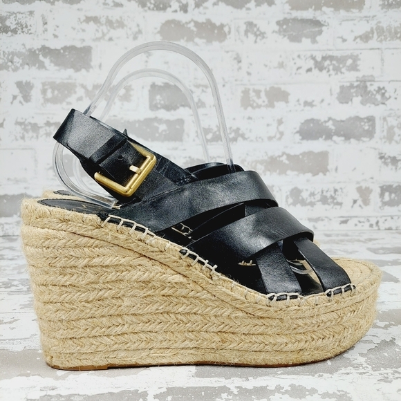 Marc Fisher Alenni Black Leather Espadrilles Wedges Sandals M1010 - Picture 5 of 13